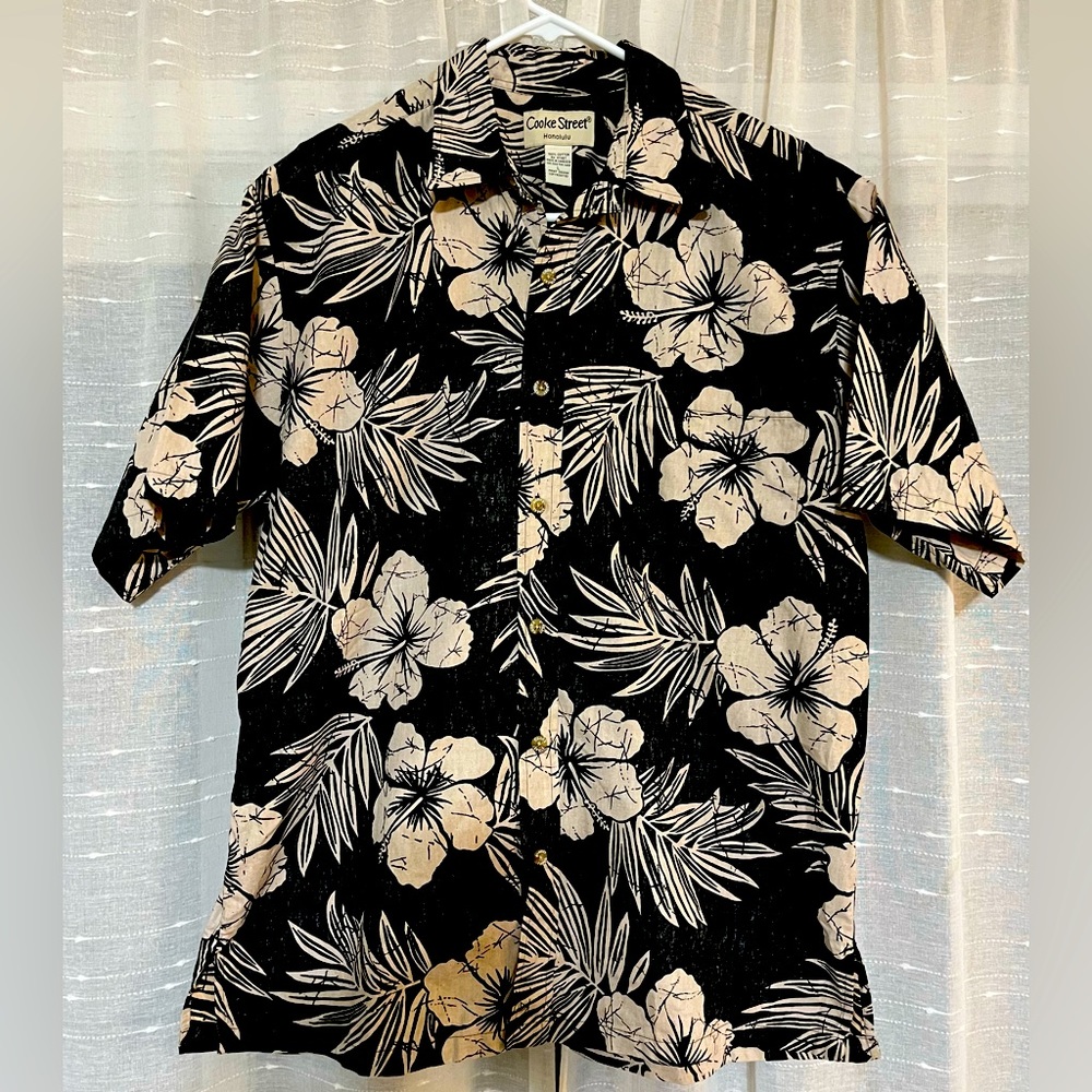 Cooke Street Black White Hibiscus Print Hawaiian Aloha Shirt